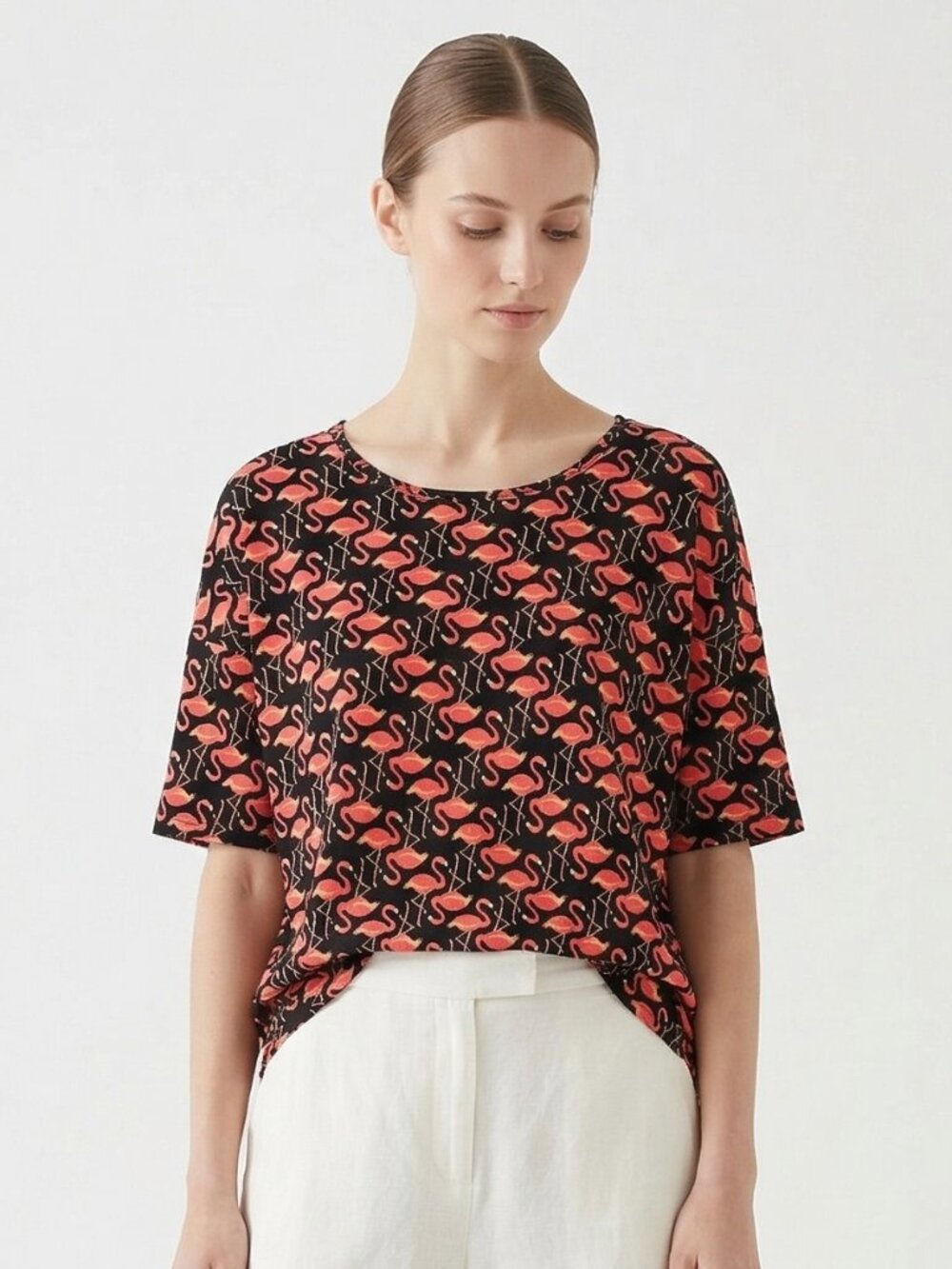 LuLaRoe Tee Shirt Black Pink Flamingo Tropical Beach Hi-low Oversize M
